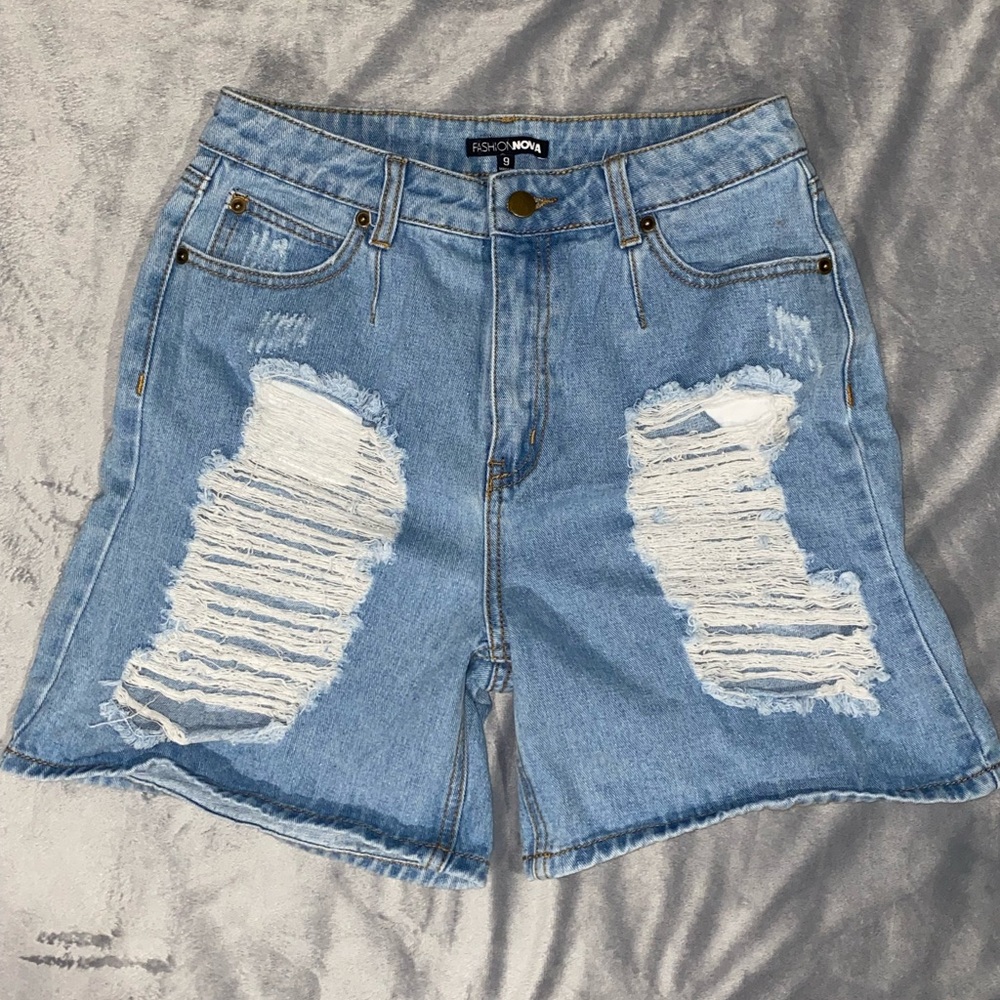 Fashion Nova High Rise Distressed Denim Shorts.